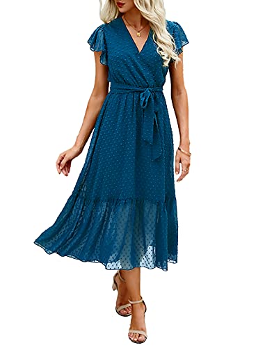 BTFBM Women Summer Bohemian Floral Casual Wrap V Neck Ruffle Cap Sleeveless Belt A-Line Pleated Hem