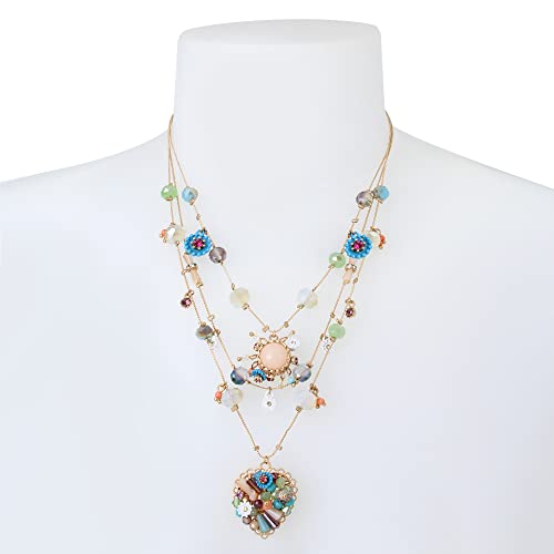 Betsey Johnson Woven Mixed Multi-Colored Bead Flower Heart Illusion Necklace